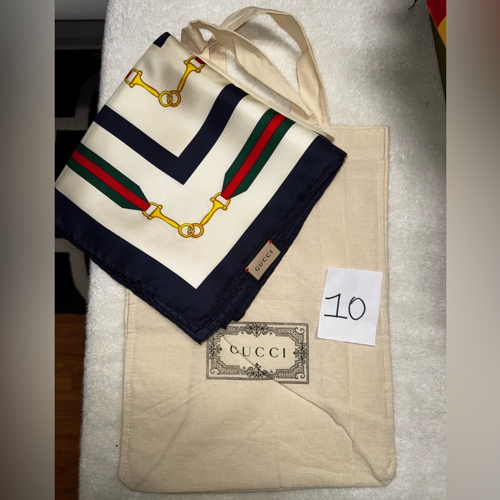 Gucci Silk Scarf with Navy and Red Accents with dust bag